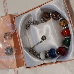 Timeline Treasures Charm Bracelet W/ Bead Charms, Stainless Chain, Rainbow Glass